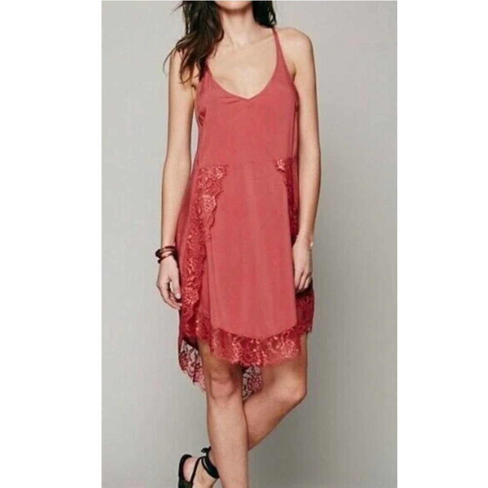 Free People Intimately Slip Dress Womens M Rose Lace Handkerchief Hem Boho